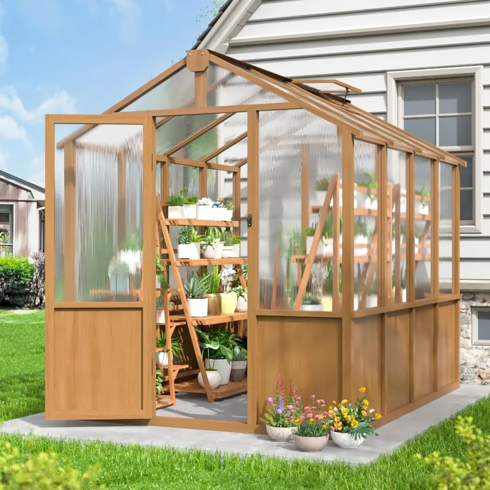

6x8 FT Greenhouse, Wooden Walk-in Greenhouse for Outdoors with 6MM Thick Polycarbonate Panel and Adjustable Roof Vents, Garden