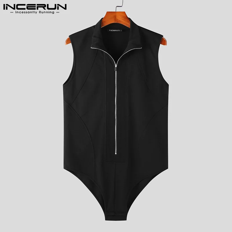 Men Bodysuits Solid Color Lapel Sleeveless Streetwear Zipper Fitness Male Rompers Tank Tops 2023 Sexy Bodysuit Men S-5XL INCERUN