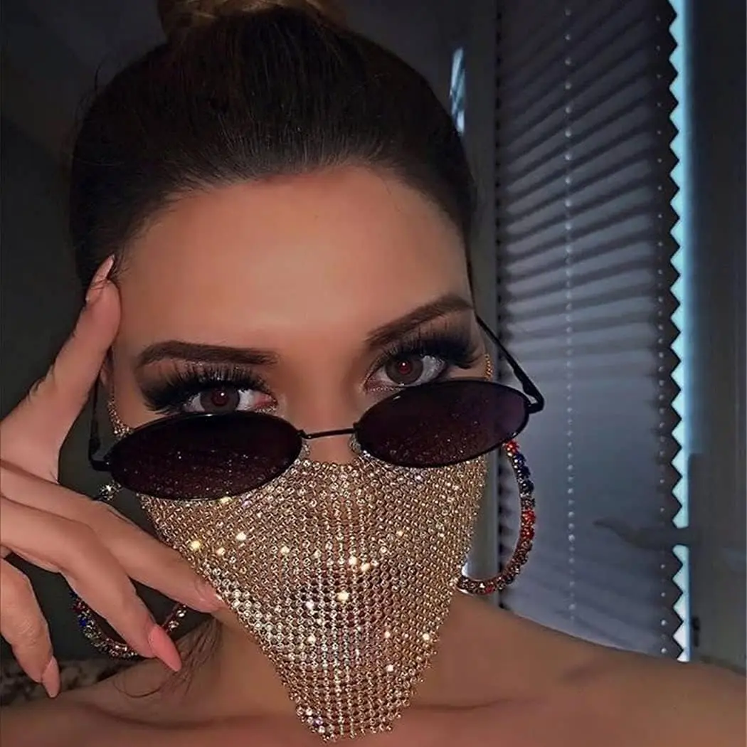 قناع وجه كريستالي لامع، قناع شبكي من حجر الراين اللامع، فم ملهى ليلي مثير مغطى للنساء والفتيات