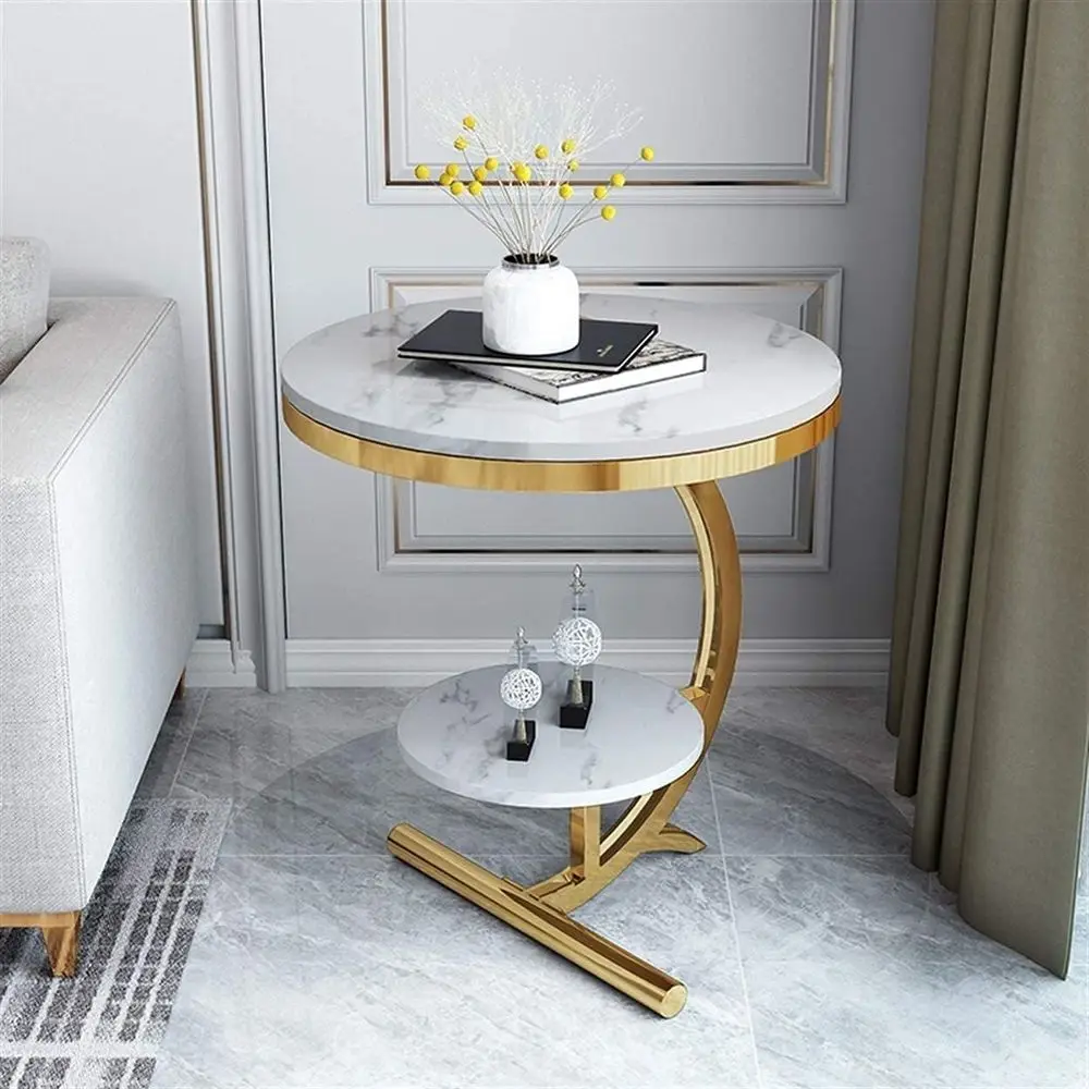 

Elegant Gold and White Marble End Table with Storage Shelf for Home and Living Room | Versatile Indoor/Outdoor Furniture