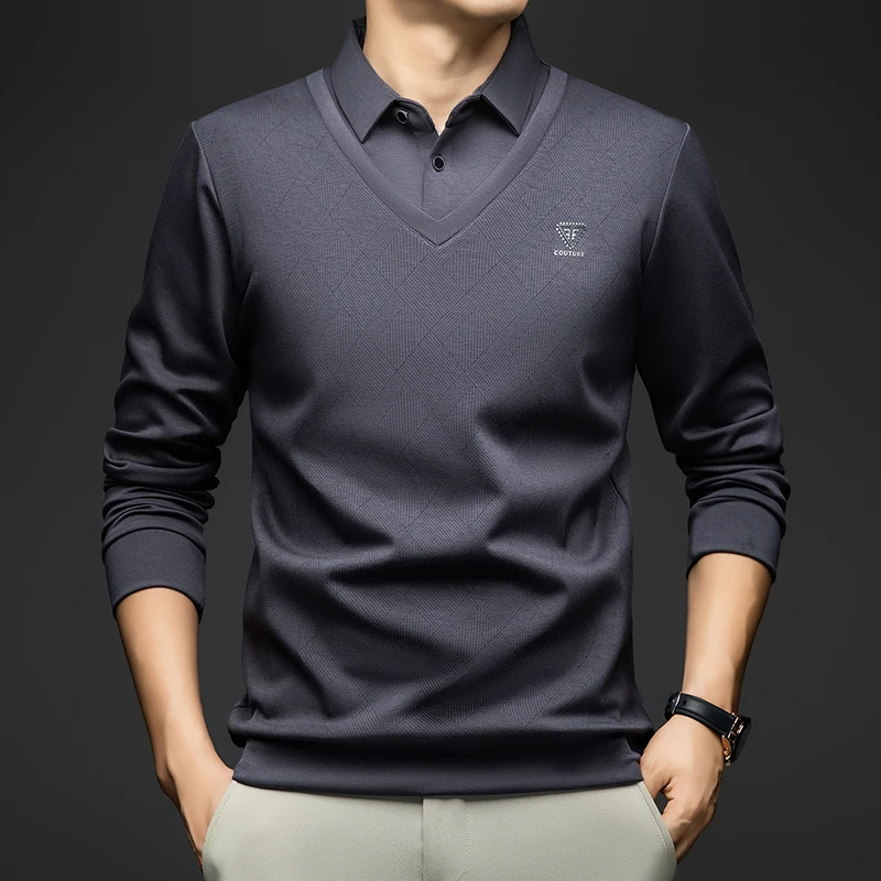 2025 الربيع والخريف منتصف العمر الرجال طوق بأكمام طويلة تي شيرت أبي فضفاض وهمية قطعتين منتصف العمر رقيقة رداء علوي غير رسمي الرجال #5