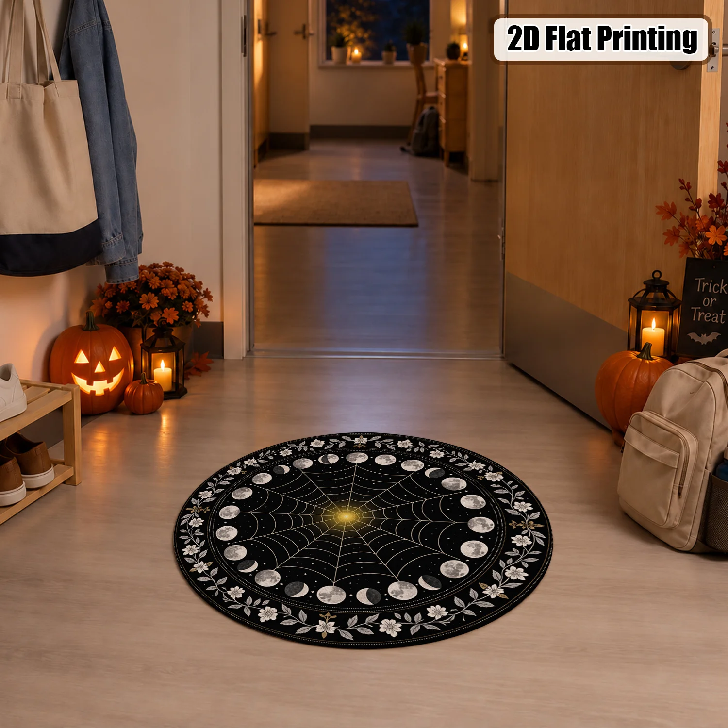 Moon Phase Spider Web Floral Pattern Round Velvet Area Rug, Machine Washable Soft Floor Carpet, Ideal for Living Room, Bedroom, Dining Room, Home Accent for Halloween, Thanksgiving, Christmas, New Year, Black Friday Decor