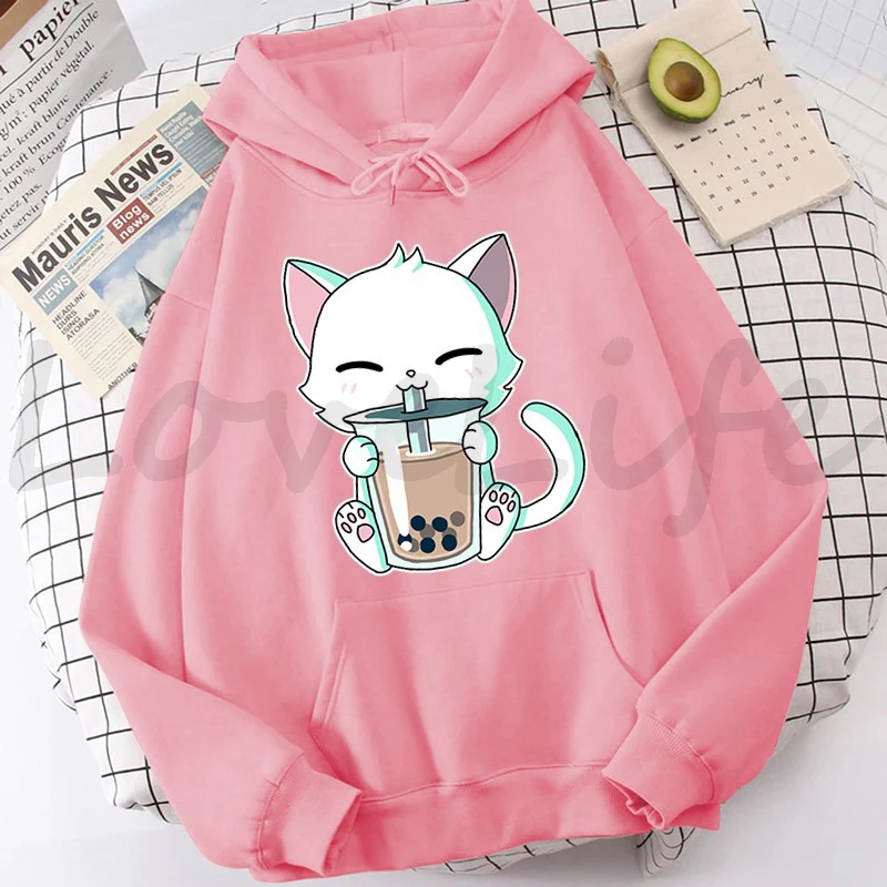 Animals Boba Tea Hoodie Cute Cat Hooded Sweatshirt Harajuku Hoodies Kids Kawaii Pullover Tops Casual Hoody Women\'s Clothes Coats