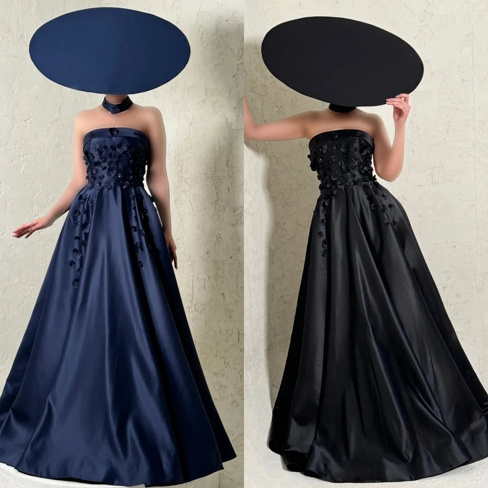 

Customized Modern Style Fashion Charmeuse Flower Rhinestone A-line Strapless Long Dresses Bespoke Occasion Dresses Classic Retro