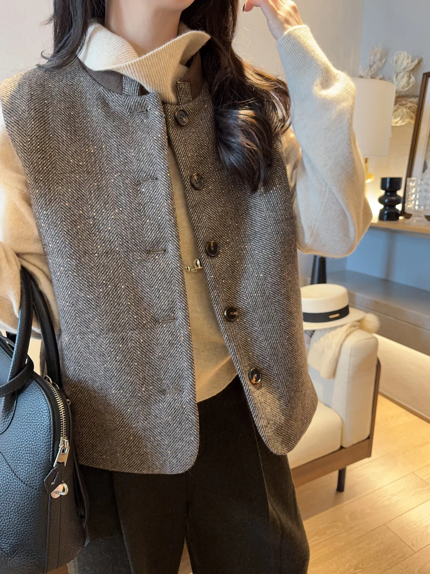 

Женский жилет из шерстяного фетра Ele для осени и зимы, модный, для многослойных образов, с воротником-стойкой, на хлопковой подкладке, верхняя одежда