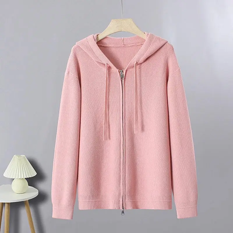 Double Zippered Sweater Jacket For Women Autumn/Winter Korean Version  Hooded Knitted Cardigan Oversized Coat Spring Z4050