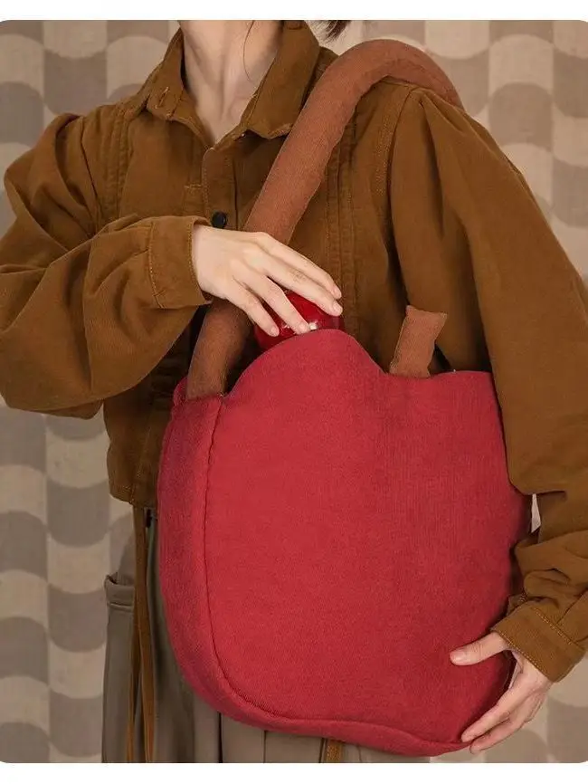 Bolso de hombro con forma de manzana para mujer, bolsa de ordenador, 100% algodón, bolso de mano de alta capacidad, bolso Vintage para niñas