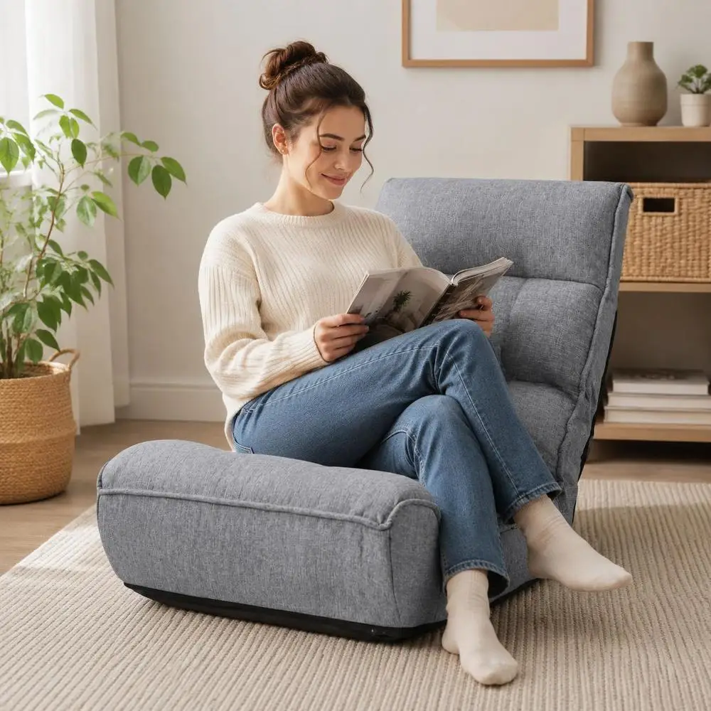 Fauteuil de sol inclinable avec structure en acier 85x60x35 cm gris, quatre positions réglables, design ergonomique, pliable, gain de place, rangement facile, stable, durable, pour la lecture, le télévision et les jeux