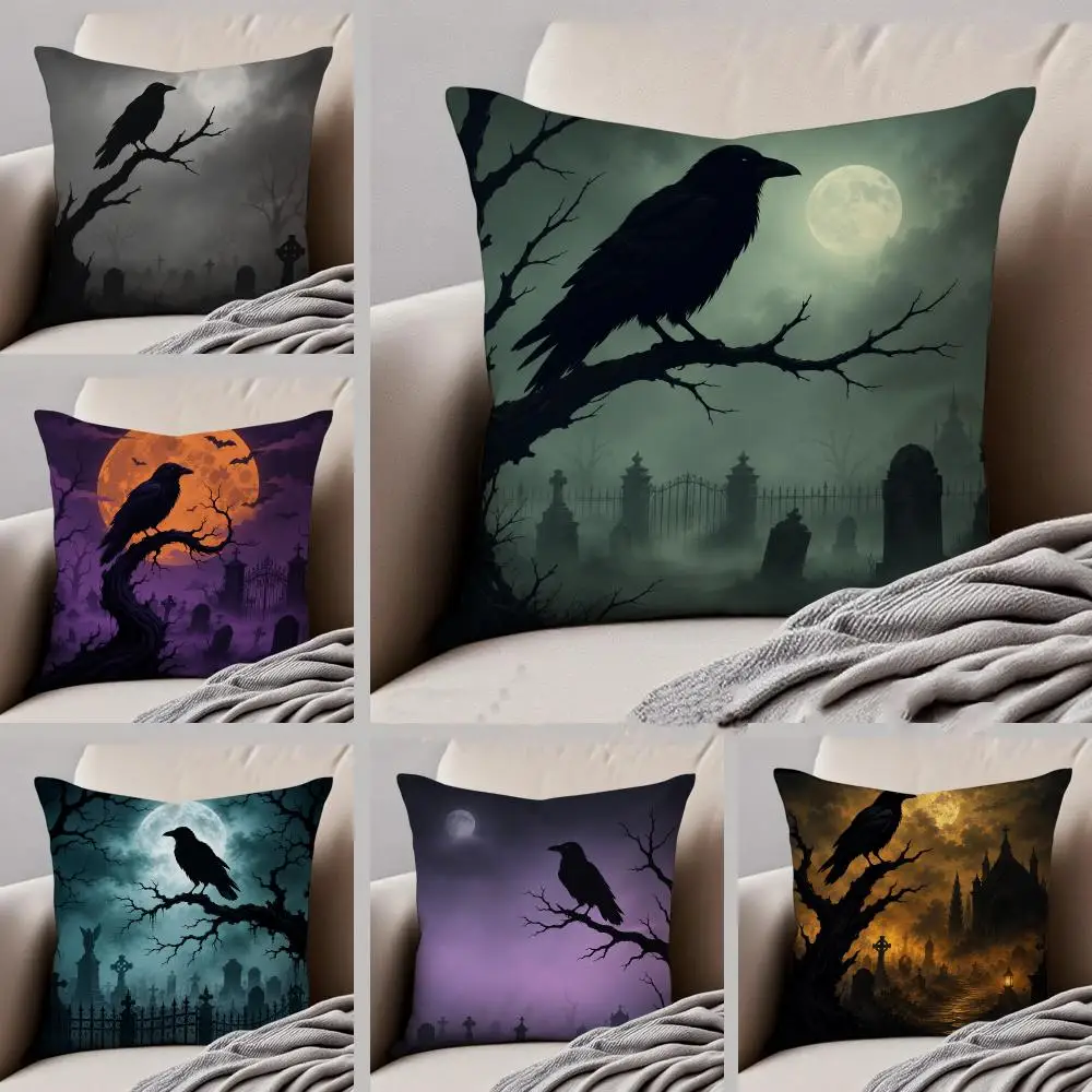 H-Halloween Raven Cushion Cover Throw Pillow Cover Hidden Button Durable Polyester Chair Cushion