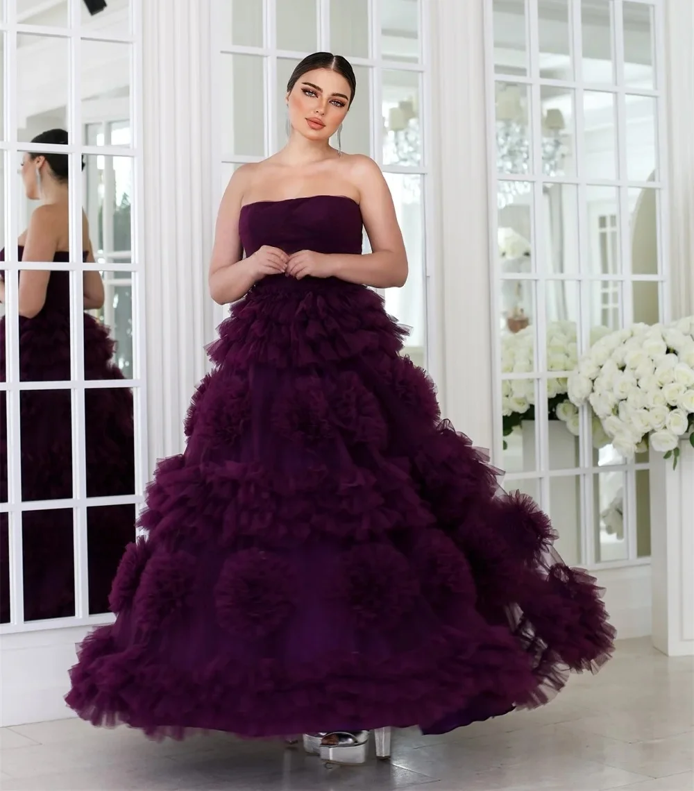 パープルフリルロングオーダーメイドオケージョンガウンイブニングドレスパストロールユニセックスジャージレトロドバイサウジアラビアイスラエルプロムカスタマイズ