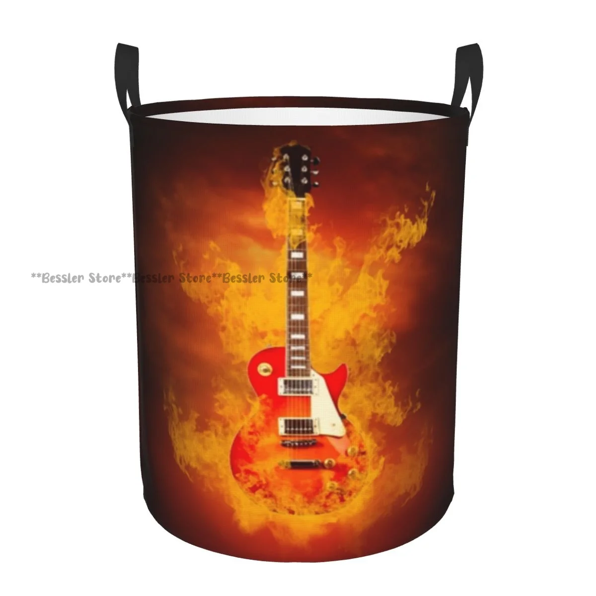 Folding Laundry Basket Rock Guita In Fire Flames Round Storage Bin Collapsible Hamper Clothes Bucket Organizer