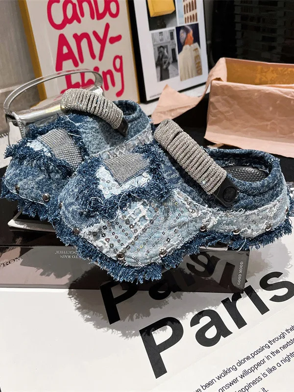 

European Handmade DIY Heavy Industry Denim Rhinestone Thick-soled Muffin Baotou Hole Shoes Punk Style Half Slippers Womens