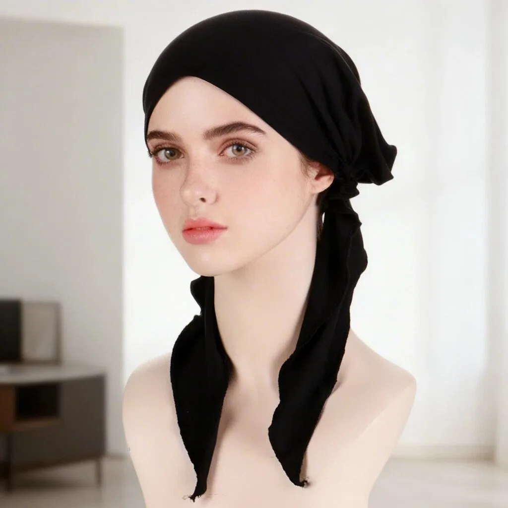 

2026 New Solid Color Muslim Fashion Hijabs Turban Bonnet Long Tail Head Wraps Elastic Hijab Hats Chemo Cap For Women Girls