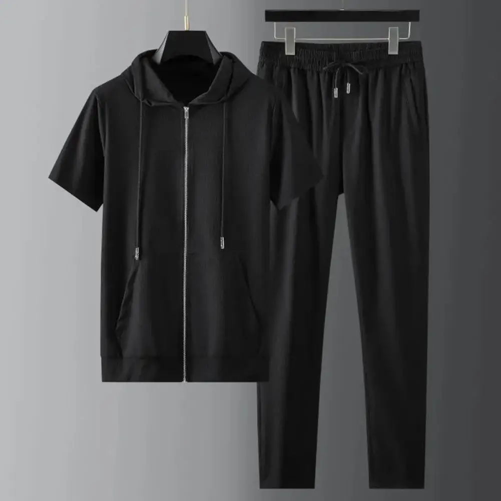 Men Tracksuit Short Sleeve Cardigan Long Pants Straight Pants Wear-resistant Summer Tracksuit Summer Tracksuit Mid Waist