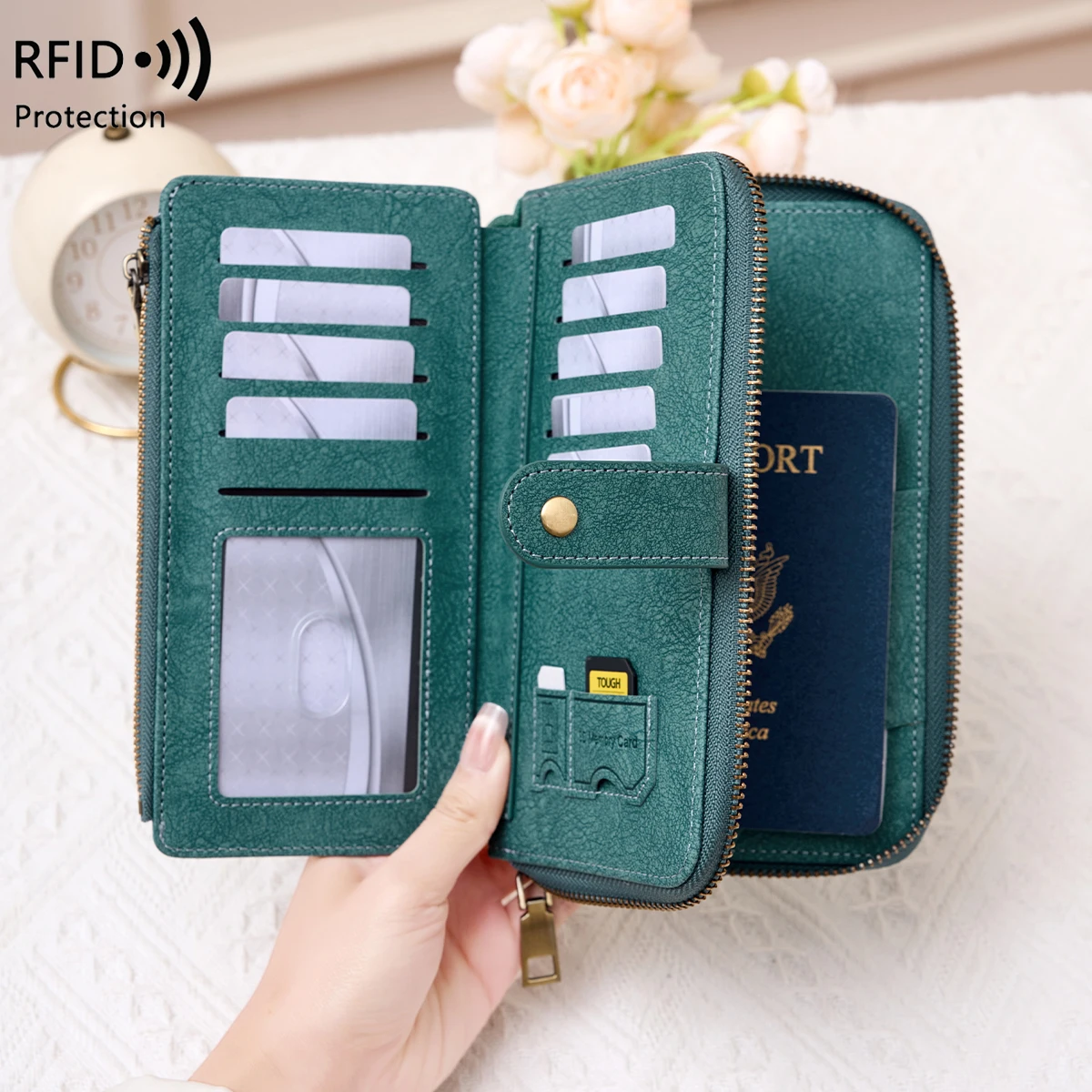 RFID Blocking Passport Wallet, Large Capacity Travel Document Organizer with Wrist Strap, for Passport, ID, Credit Cards & Cash