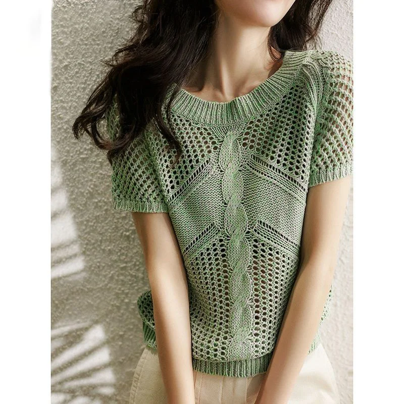 Stylish O-Neck Knitted Loose Hollow Out Blouse Female Clothing 2023 Summer New Casual Pullovers Tops Short Sleeve Korean Shirt