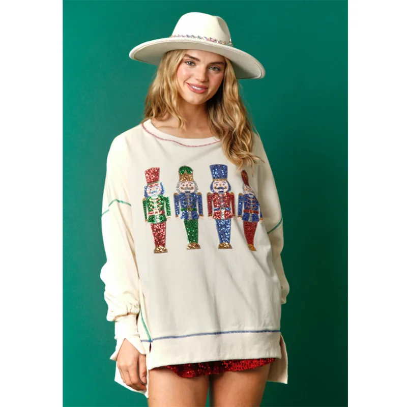 Festive Women's Sweatshirt Featuring Nutcracker Sequin Design Cozy Oversized Pullover Top For Winter Streetwear Holiday Outfits 3