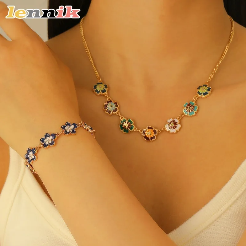 LENNIK レトロ ドリップ オイル フラワー レディース ブレスレット、レディース ライト ラグジュアリー 多用途、高級、カラフルなフラワー ペンダント ジュエリー