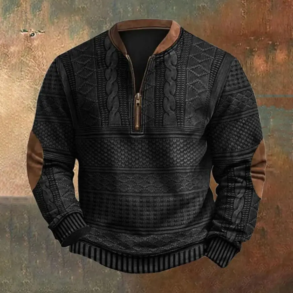 Men Sweatshirt Round Neck Pullover Men's Rhombus Texture Patchwork Half Zipper Sweatshirt for Fall Winter Outdoor Sports