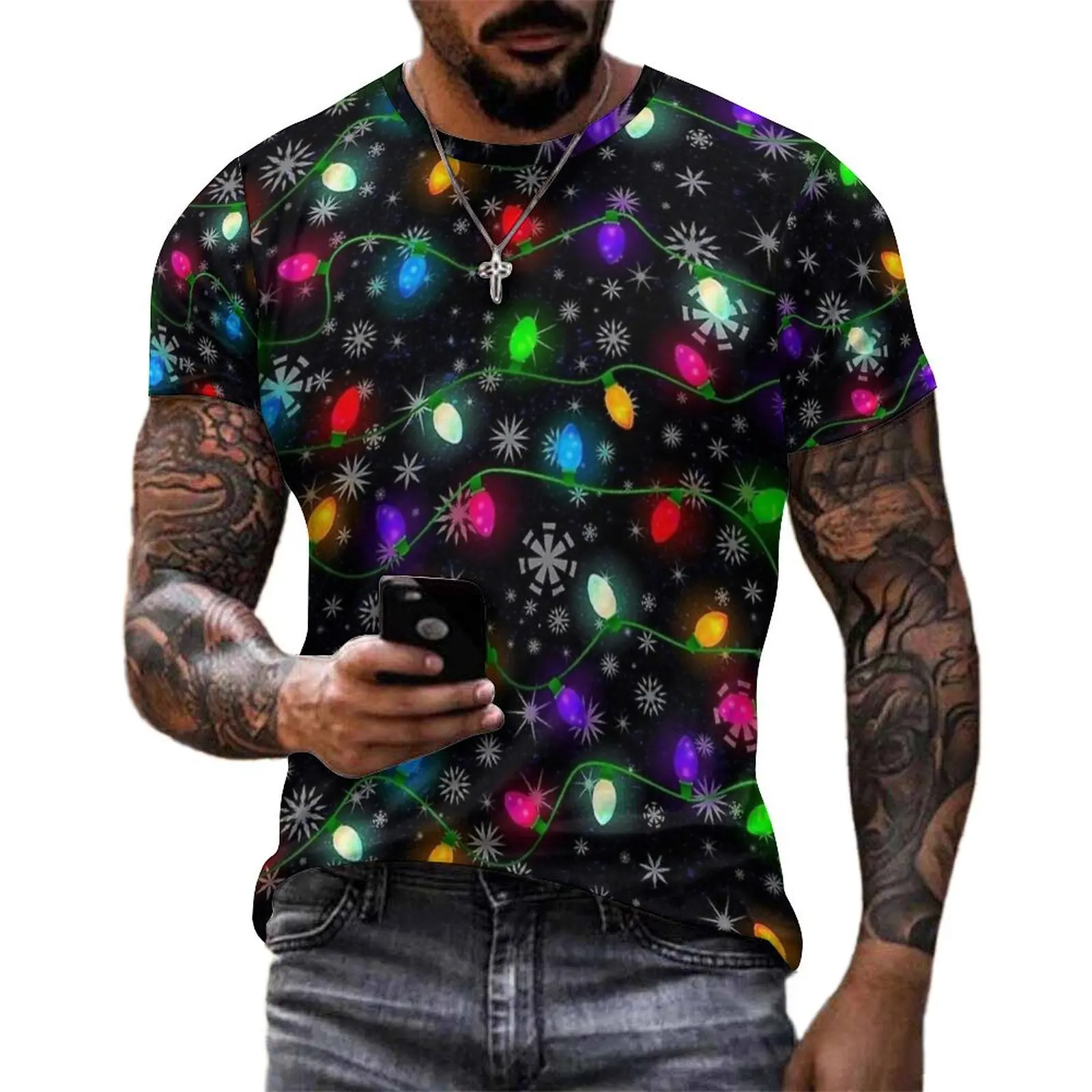 Mens Christmas Holiday Lights And Snowflakes T Shirt Harajuku T-Shirts Short Sleeve Design Tops Summer Funny Big Size Top Tees