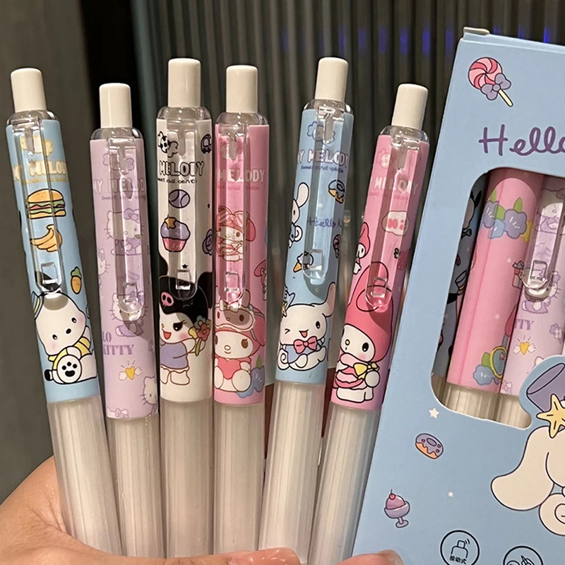 Sanrio Olá Kitty Gel Pen, Bonito Dos Desenhos Animados, Kuromi Melody Cinnamoroll, Alta Aparência, Press Pen, Material Escolar para Meninas, Presente Infantil, 6Pcs