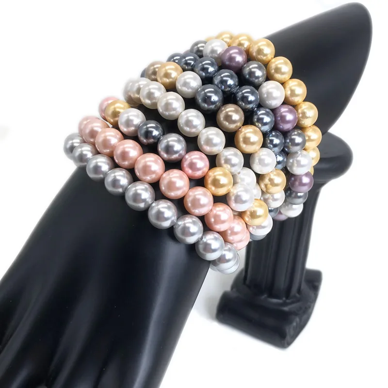 Shell Pearl Bracelet Tricolor Electroplated imitation pearls Charm Elastic Bangle Women Jewelry Party Anniversary Wedding Gift