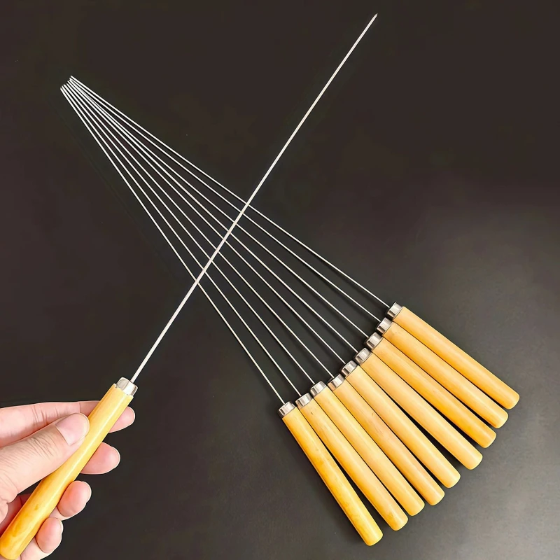 Extended BBQ Sticks Stainless Steel Household Long Handle Wooden Handle BBQ Sticks Skewers Round Sticks Lamb Skewers