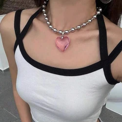 Pink Heart Pendant Necklace for Women Lovers Rhinestione Clavicle Chain Chocker Female Cute Crystal Moonstone Jewlery Gifts