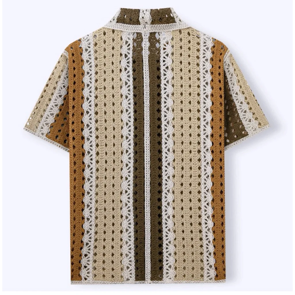 Men's American Retro Color Block Hollow Out Knit Polo Cardigan European Style Striped Crochet Short Sleeve Knit Shirt Summer