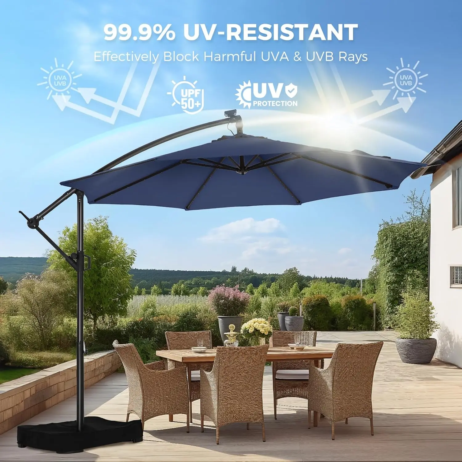 10ft  Offset Cantilever Patio Umbrella - w/Light and Base, LED Lighted Offset Hanging Patio Outdoor Market Umbrella UPF50+ UV Pr