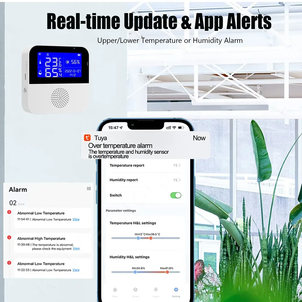 Tuya WiFi Alarme Sensor de Temperatura e Umidade, Casa Inteligente, Interior, Exterior, Detector de Termômetro, Planta, Aquário, Suporte Alexa