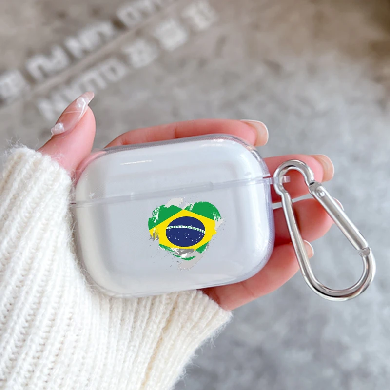 AirPods 1/2ケース,フック付き,ブラジルの国旗,サッカー選手用