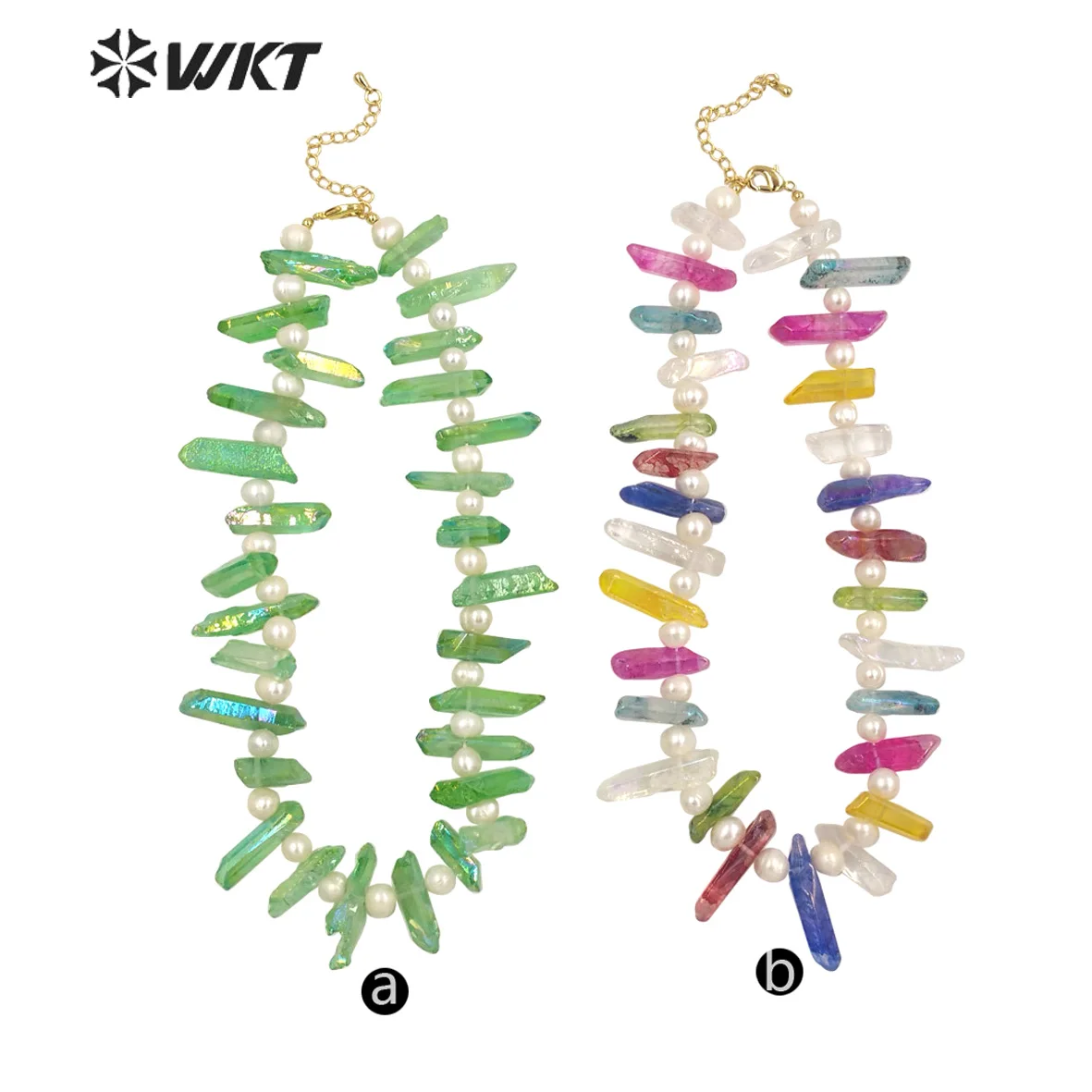 WT-N1400 Wholesale fashion Aura crystal quartz point strand necklace Healing Titanium Crystal stone statement necklace