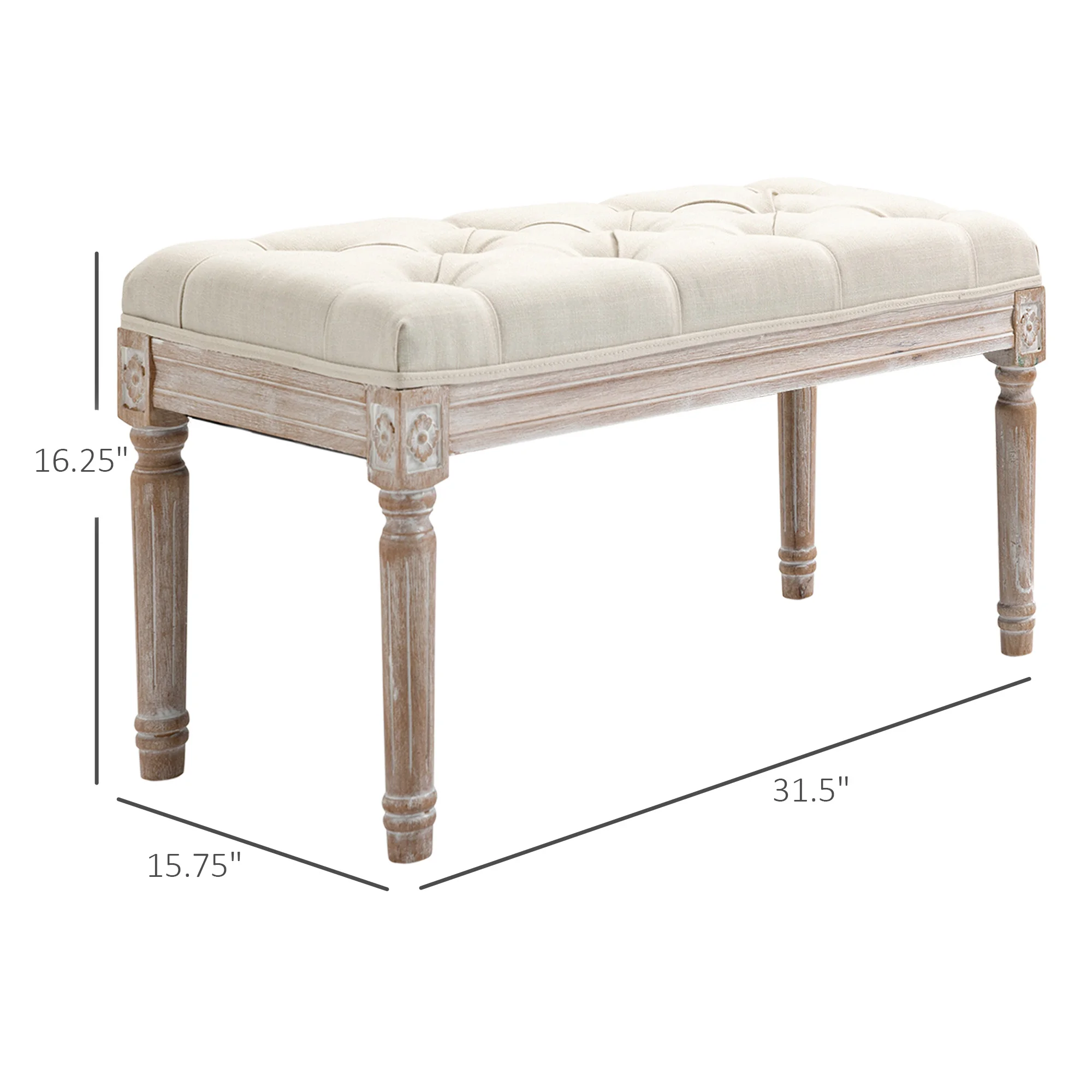 Ottoman Bench Vintage Footrest W/ Button Tufted Seat, Distressed Legs, Beige