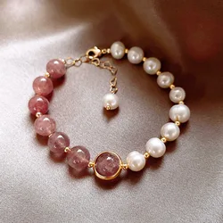 High Quality 100% Baroque Freshwater Pearl & Strawberry Quartz Female Bracelets Jewelry For Women Valentine's Day Gifts No Fade