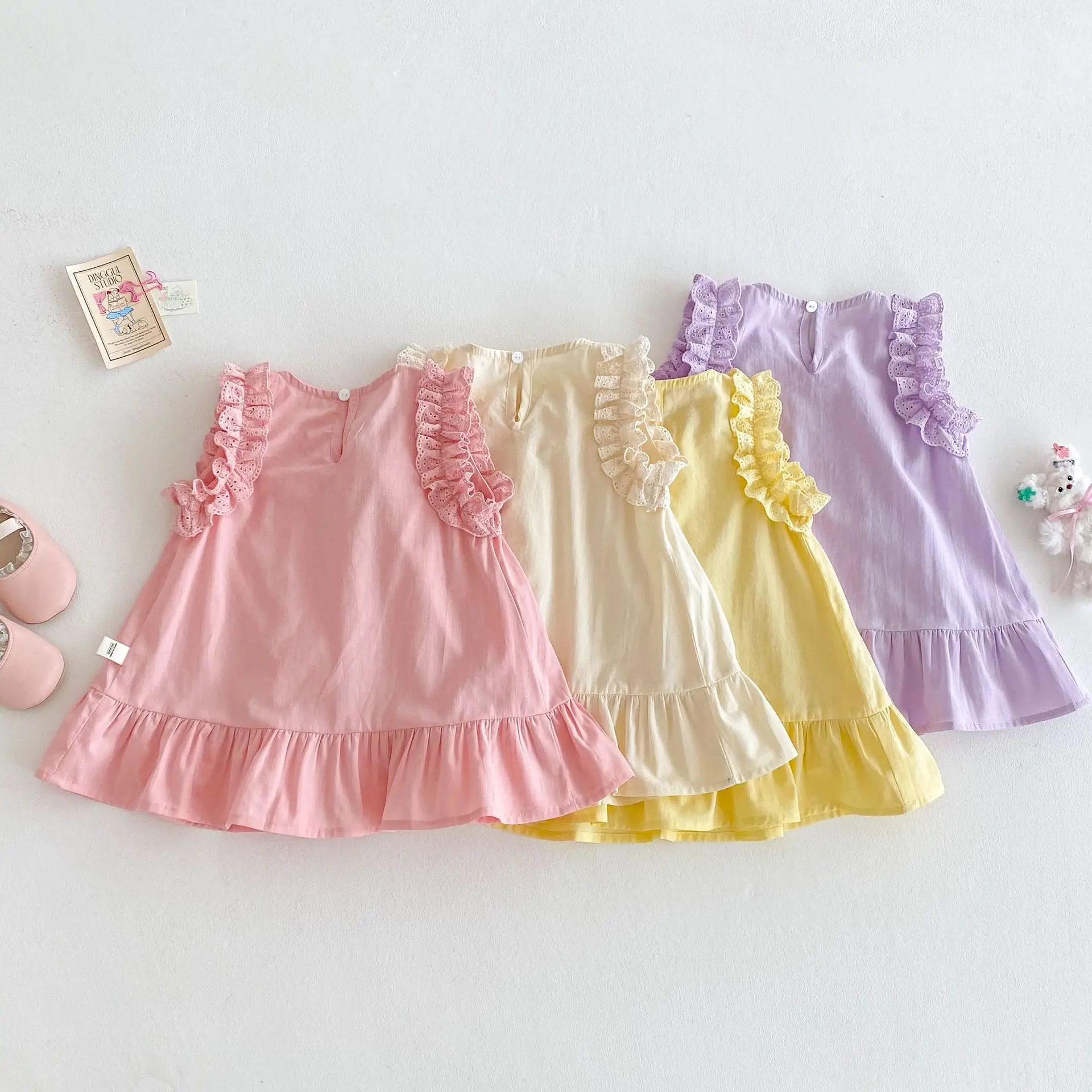 0-5Y Girls' Solid Color Princess Dresses 2026 Summer Korean Style Sweet Lace Ruffled Vest Dress for Baby Childrens