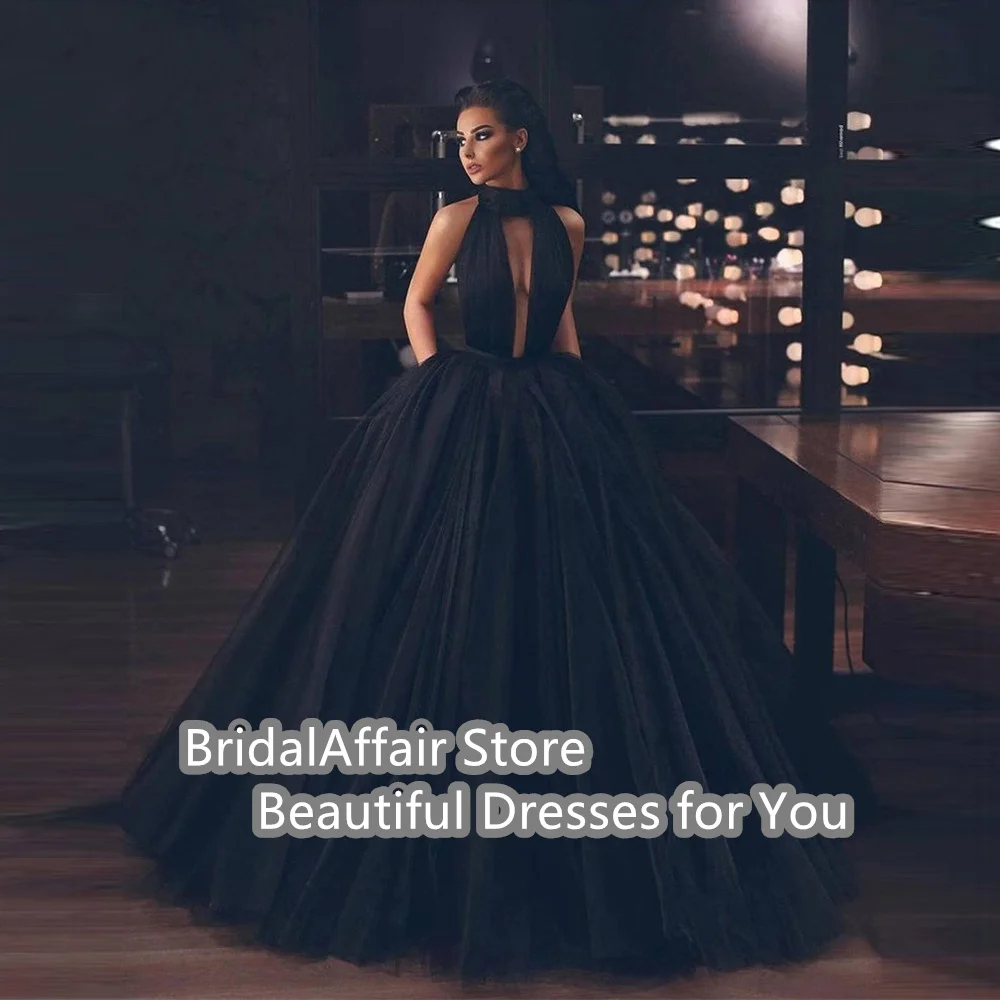 BridalAffair-فستان حفلات منفوش من الدانتيل ، فساتين حفلة موسيقية سوداء ، رقبة عالية ، قطع على شكل حرف V عميقة من الأمام ، فساتين سهرة طويلة مثيرة ، فستان حفلة