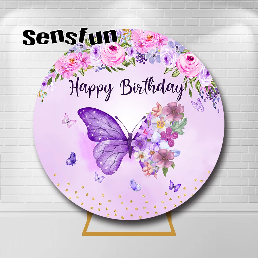 خلفية زهور الفراشة الدائرية للتصوير الفوتوغرافي ، زخرفة الزهور الوردية ، غطاء دائري لسحق الكعكة ، خلفية للفتيات ، حفلة عيد ميلاد