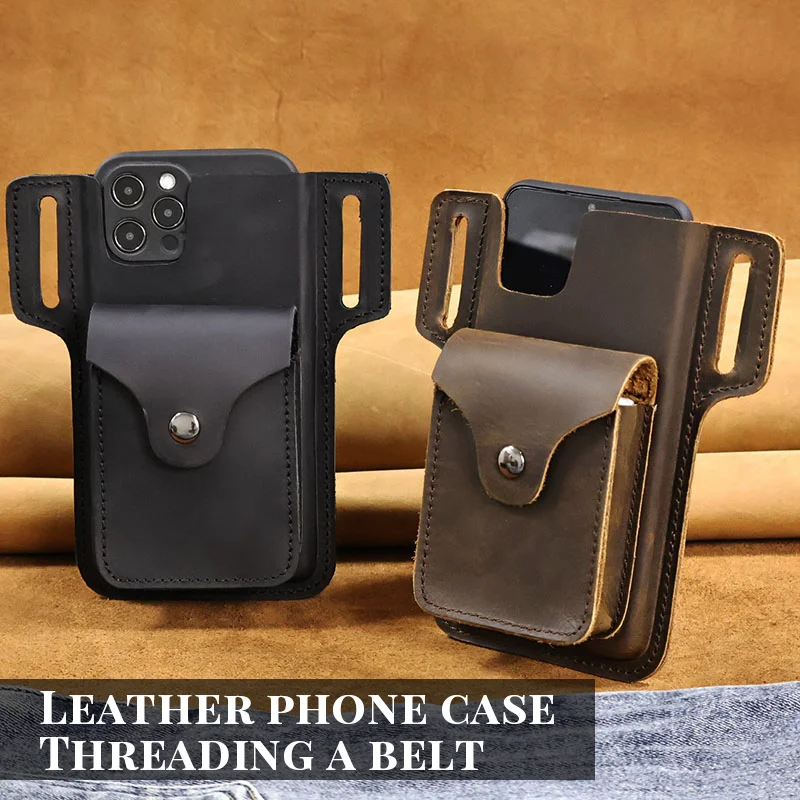 Genuine Leather Mobile Phone Holster Belt Case, Casual Waist Pack for Men, Phone Bag, Wallet Pocket, Cigarette Box for iPhone