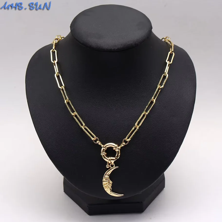 MHS.SUN Fashion Design Horns/Moon Pendant Necklaces Cubic Zircon Gold Plated Choker Chain Statement Jewelry For Woman Men