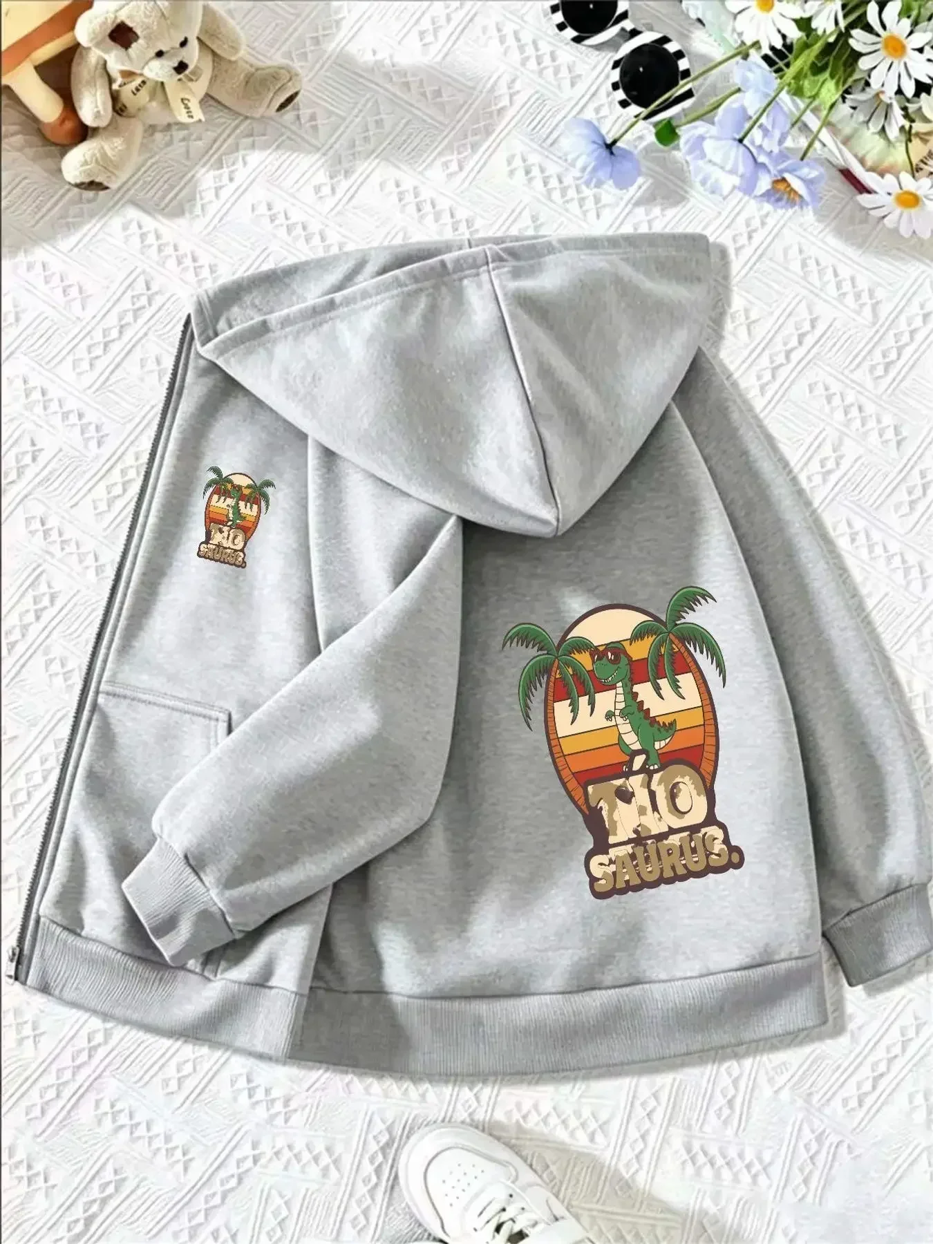 Soft Black Zip Hoodie For Boys Trendy Vintage Tropical Dinosaur Pattern Double Side Print Hooded Daily Coat