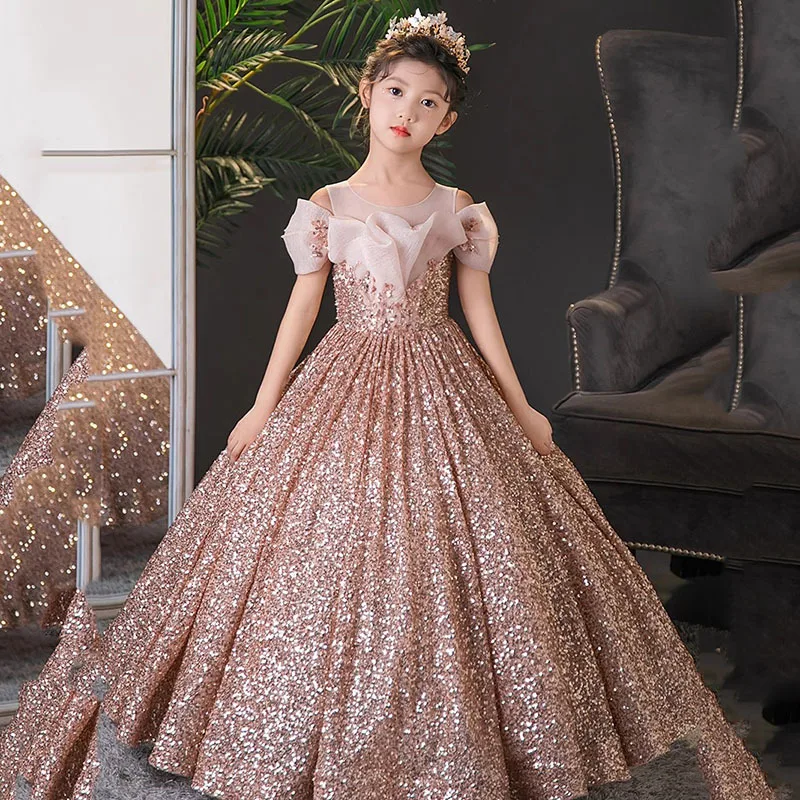 2024 Little Girls Luxury Fancy Princess Long Dress Summer Sequin Evening Dresses Piano Performance Temperament Children Costumes