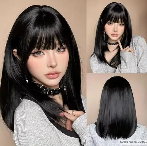 

Black Synthetic Women Wig with Bangs Medium Length Straight Natural Black Daily Cosplay Use Wig Softy Heat Resistant Fiber