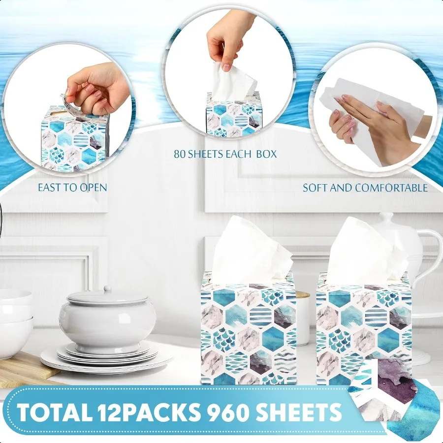 12 pacotes de caixas de cubos de tecidos faciais com 80 folhas por caixa, tecidos faciais macios de 2 camadas, caixa de papel quadrada em massa, toalhas de papel faciais para