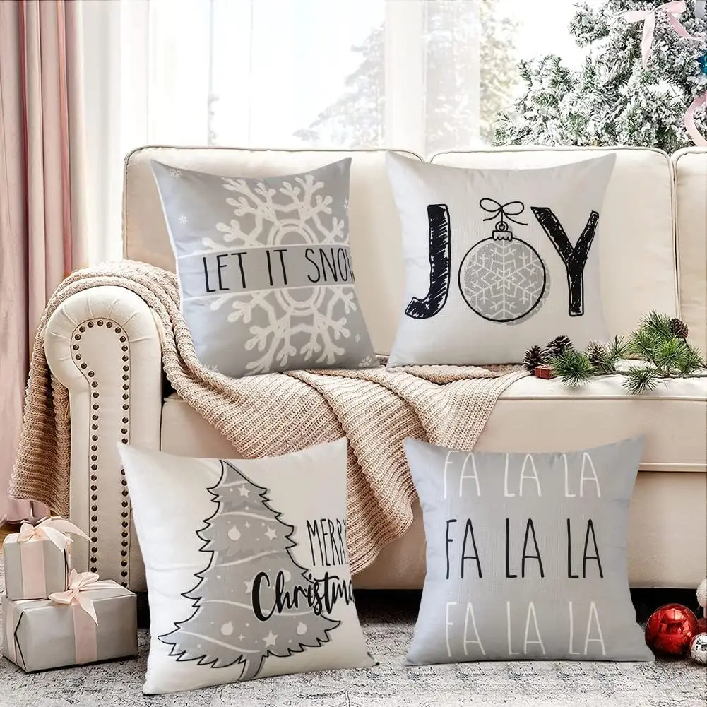 Gray Christmas Pillow Covers Joy Let It Snow FA La La Cushion Case Winter Farmhouse Pillowcase for Home Couch Sofa Decor