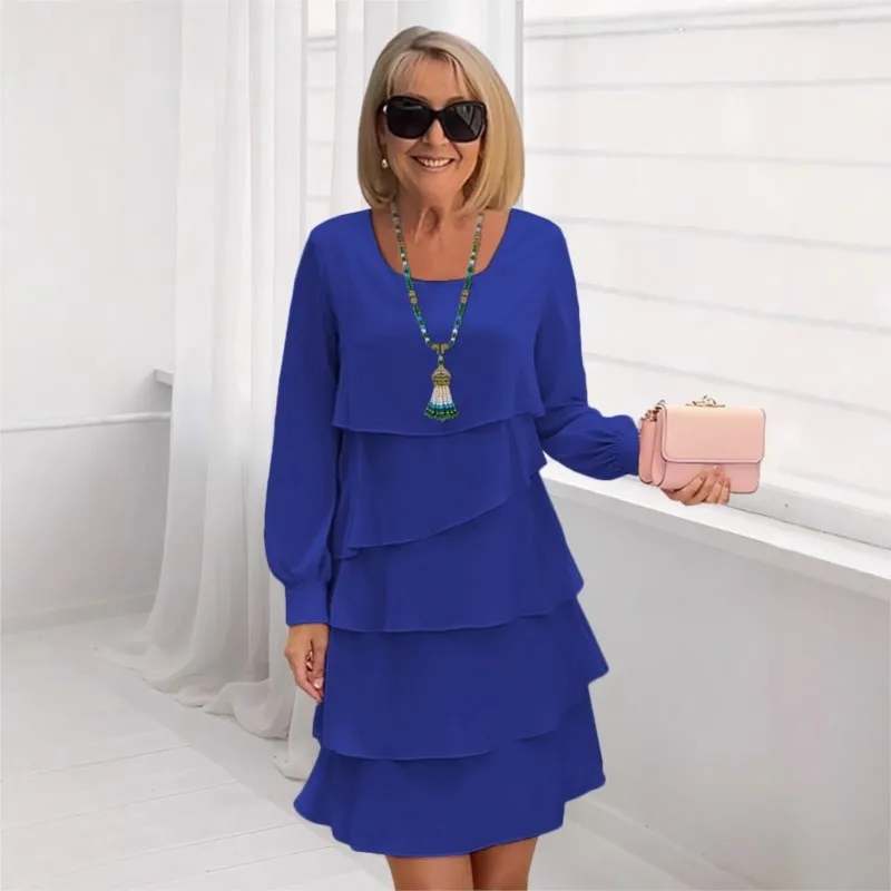 

Autumn New Solid Ruffles Cake Dress Women Fashion Casual Loose Long Sleeve Midi Dress Office Ladies Elegant Party Dress Vestidos