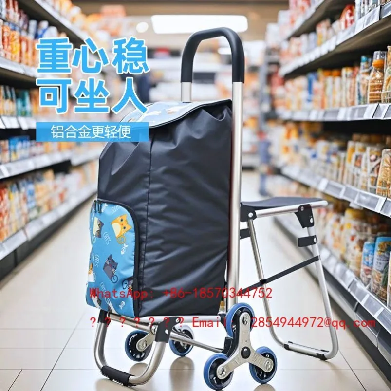 Small Pull Cart, New Shopping Trip, Light Climbing Pull Rod Cart, Aluminum Alloy Folding with Seat
