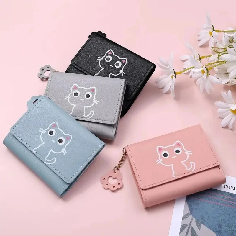 1PC Cartoon Cat Print Women's Short Coin Wallet PU Three Fold Card Bag Portable Multi Card Slot Travel Wallet for Birthday Gifts