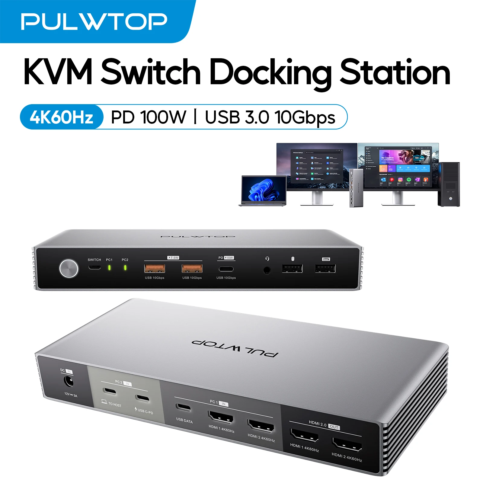 

Док-станция с KVM-переключателем PULWTOP, док-станция с KVM-переключателями 4K EDID, двойной монитор с 2 HDMI, USB A/C 3,2 10 Гбит/с, зарядка 15 Вт, аудио
