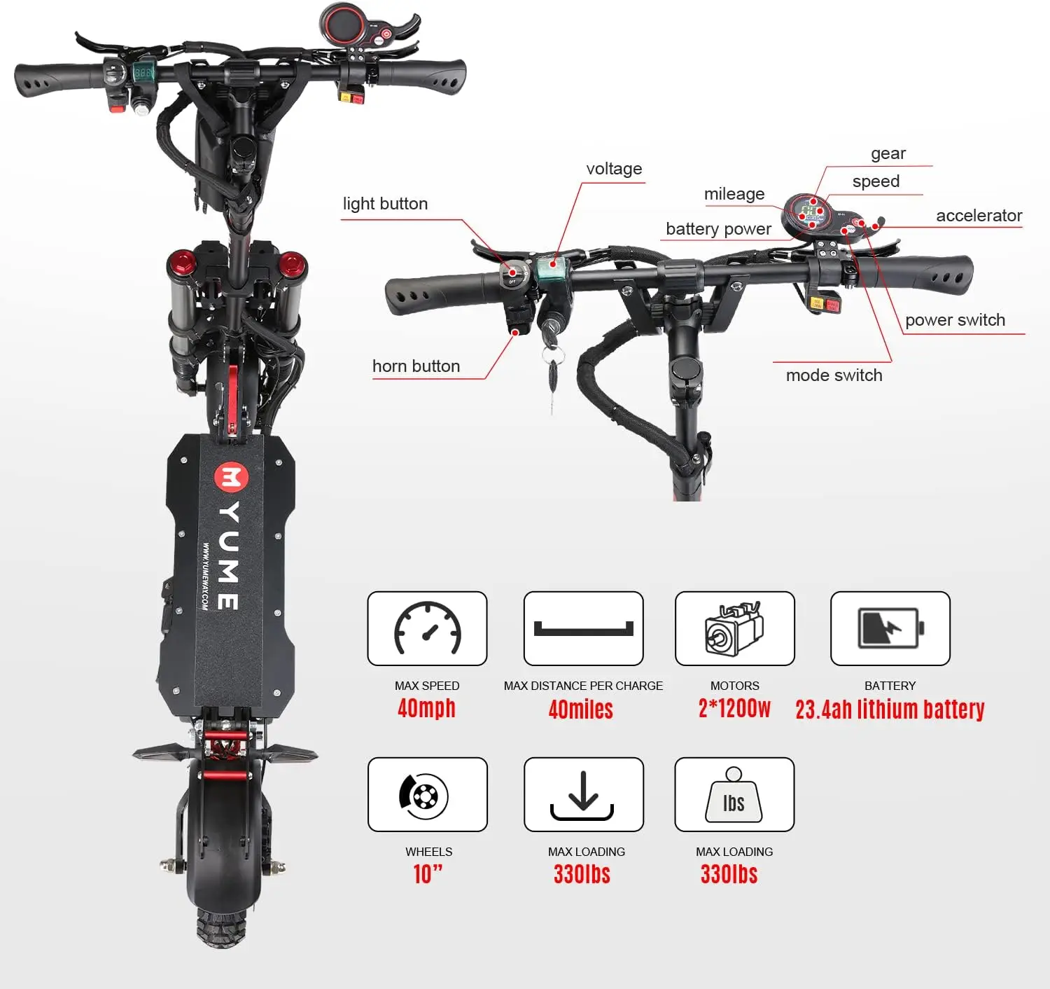 Scooter elettrico da 10 "per adulti, doppia sospensione Dual Motor 23.4AH batteria 52V 2400W 40 MPH 40 miglia Scooter sportivo veloce